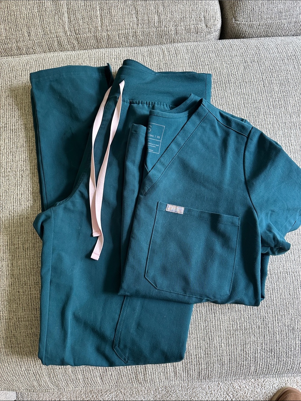 Figs Teal Straight-Leg Scrub Set with Pink Drawstring